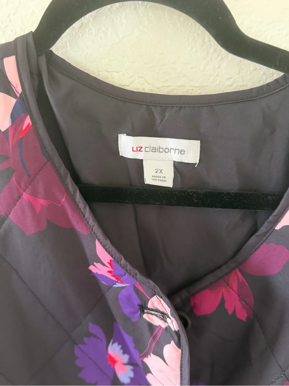 Liz Claiborne Floral Quilted Jacket - Black with Pink & Purple Blooms Size-2XL